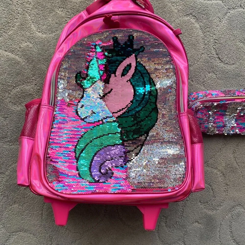 Jasminestar Rolling Backpack 17” girls unicorn flipable & lunchbox, Pencil Case
